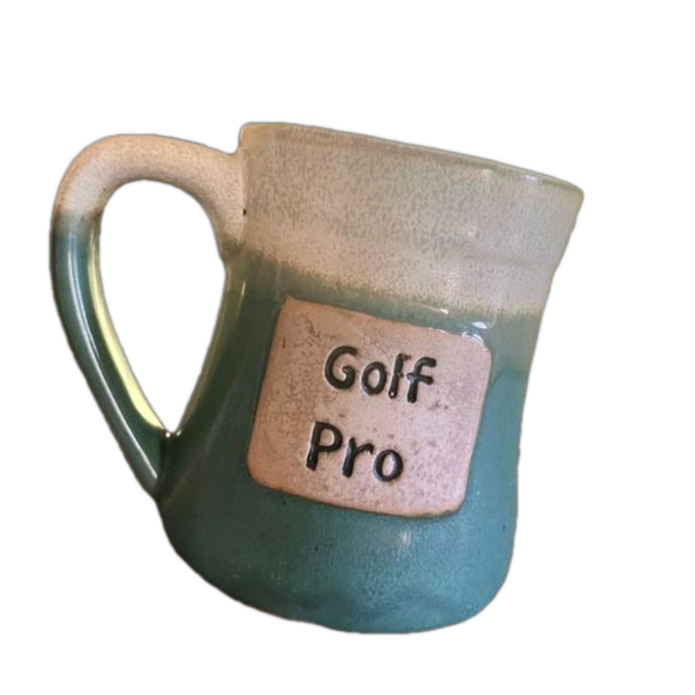 Golf Pro on one side ombre’ cream top down to aqua blue pottery mug by Century.